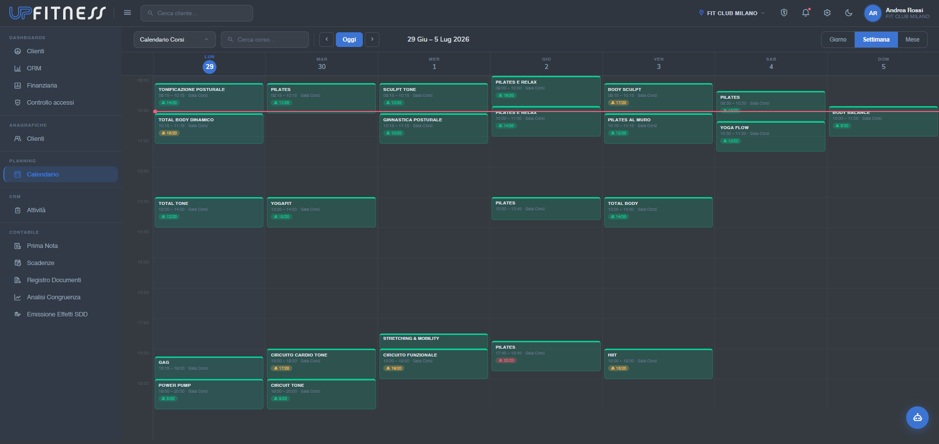 Calendario prenotazioni UPFitness Cloud