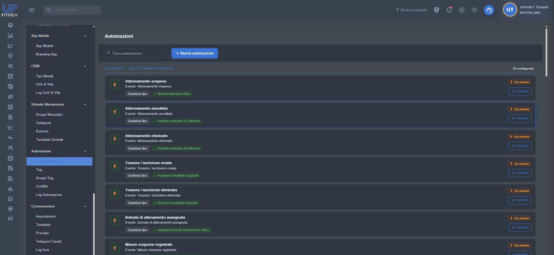 CRM & Automazioni — UPFitness Cloud