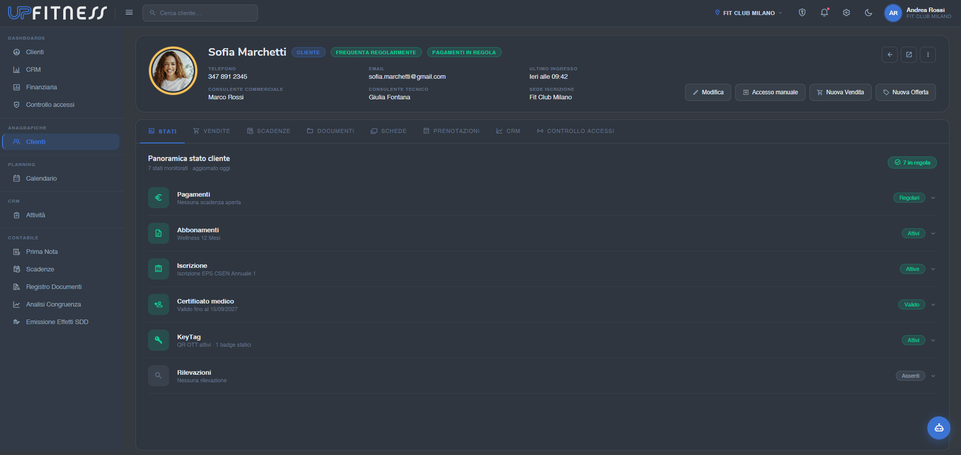 Profilo cliente UPFitness Cloud